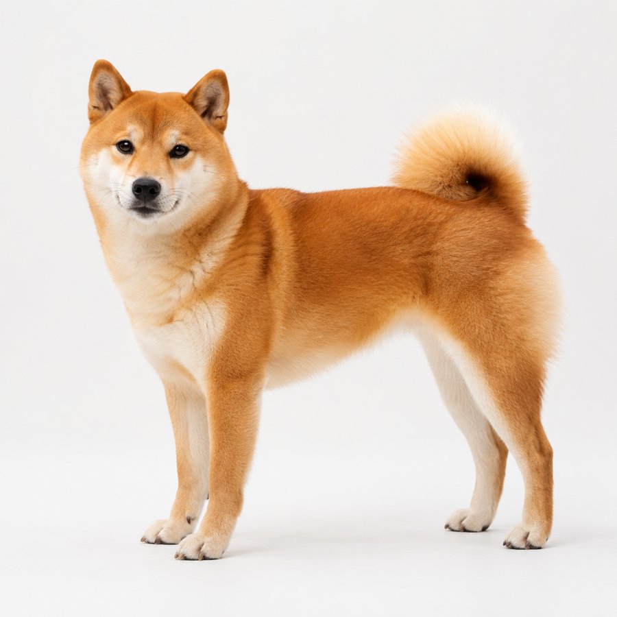 柴犬。赤毛で小型、立ち耳と巻き尾をもつ犬の写真