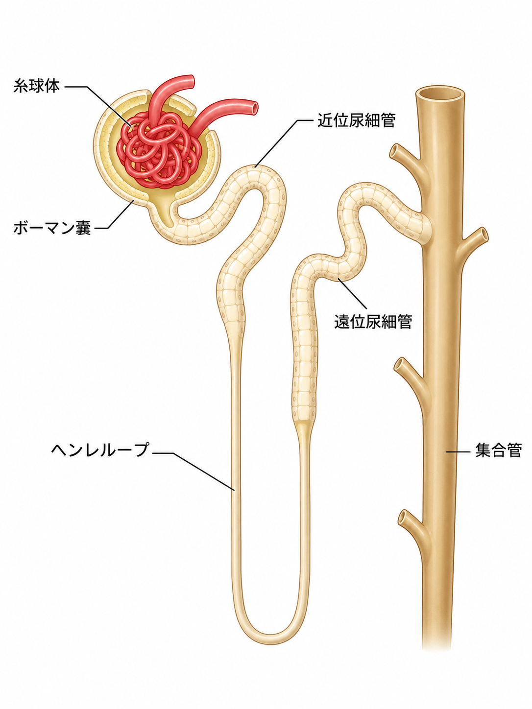 ネフロンの構造図：糸球体・ボーマン嚢・近位尿細管・ヘンレループ・遠位尿細管・集合管
